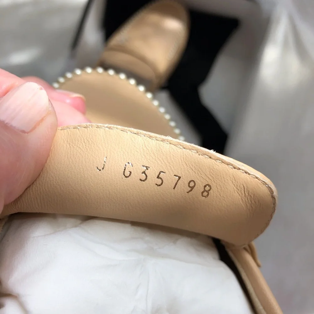 Chanel Beige Leather Pearl-Trim Loafer Mules Size 38